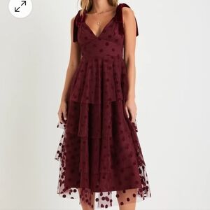 Lulu's Sweet Charisma Burgundy Polka Dot Tiered Tie-Strap Midi Dress